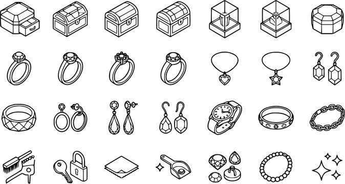 Jewelry Isometric Line Art Icons. Black and White Outline Collection of Rings, Necklaces, Earrings, Watches, Gems, and Accessory Boxes.