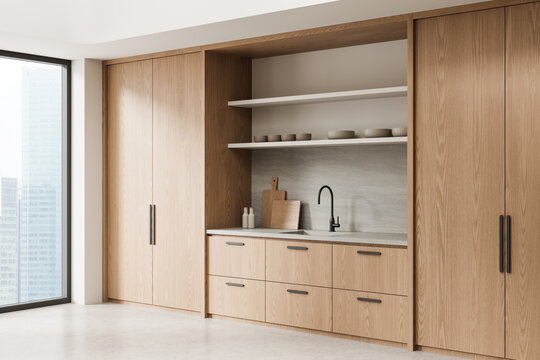 Minimal wooden kitchen interior with built-in cabinets, open shelves and modern sink design in bright contemporary home space. 3D Rendering