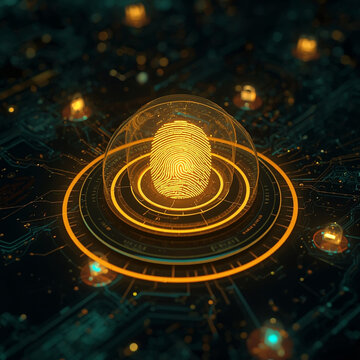 Golden fingerprint under glass dome on glowing circuit ring sovereign cloud systems secure identity protection futuristic biometric interface glowing sensor