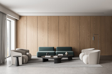 Obraz premium Modern interior lounge with minimalist sofas, sculpted armchairs, wood panel backdrop, soft neutral tones, serene atmosphere, refined contemporary design. 3D Rendering