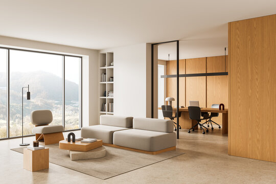 Modern interior design living room with neutral furniture, wooden accents, spacious layout, large windows and integrated workspace in serene setting. 3D Rendering