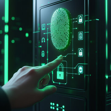 Futuristic fingerprint access on server interface showing sovereign cloud systems security with glowing green biometric sensor and lock icons conveying protection and high tech control
