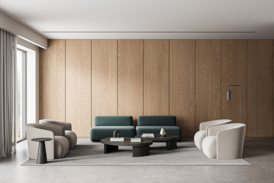 Modern interior lounge with minimalist sofas, sculpted armchairs, wood panel backdrop, soft neutral tones, serene atmosphere, refined contemporary design. 3D Rendering