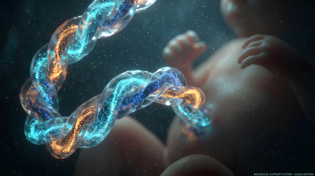 Conceptual 3D illustration of a developing human fetus in the womb featuring a glowing translucent umbilical cord symbolizing life and growth