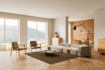 Naklejka premium Modern interior living room with large windows, minimalist furniture and warm wood accents overlooking serene mountain landscape in soft natural light. 3D Rendering