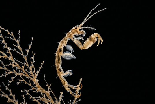 Lateral view of translucent skeleton shrimp clinging to hydroid branch