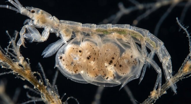 Microscopic detail of female skeleton shrimp marsupium filled with developing juveniles