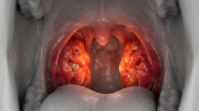 3D medical illustration of severely inflamed tonsils with white patches in a human throat highlighting symptoms of tonsillitis and infection
