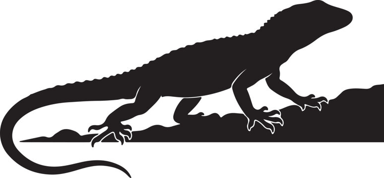 Black silhouette of a lizard crawling up a rocky slope side view