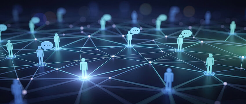 Abstract network of glowing human figures connected by lines and nodes.