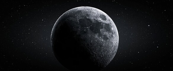 Fototapeta premium A detailed view of the Moon's cratered terrain set against a starry outer space background.