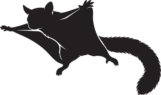 Minimalist black and white flying squirrel silhouette gliding in the air