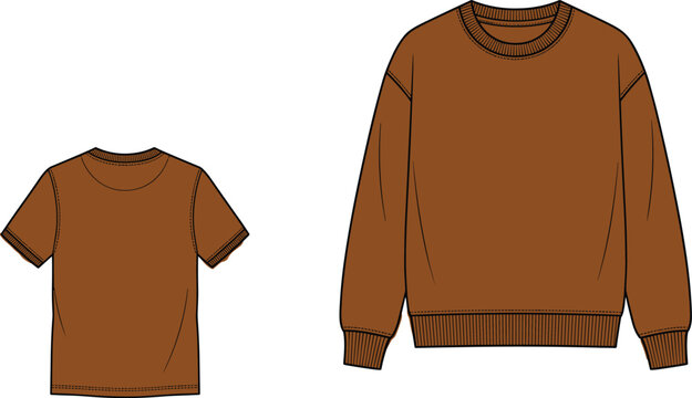 Brown t-shirt and sweatshirt flat technical sketch mockup template for fashion design apparel production, image_efc9e4.png vector illustration.