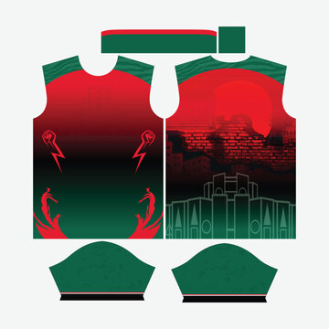 Bangladesh Patriotic Sportswear Jersey Template with National Martyrs Memorial Shaheed Minar Graphic, Red Sun Brick Wall Texture, and Raised Fist Concept for Victory Day Activewear Apparel Print