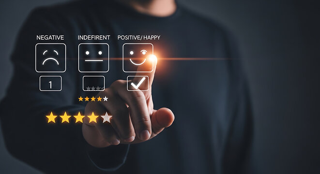 Customer satisfaction survey with facial expression icons and star ratings illuminated in a dark setting feedback assessment evaluation