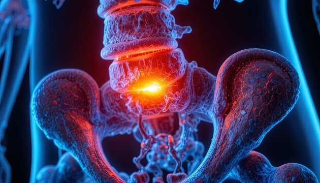 3D Medical Illustration of Lumbar Spine with Inflammation and Sciatic Nerve Pain Glow