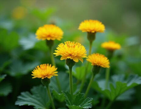 Yellow globeflower plants bloom in a green garden. Small, bright flowers open on tall green stems. Nature scene shows wild plant life in daylight.