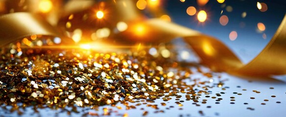 Obraz premium A white background adorned with sparkling gold confetti for a stylish holiday celebration setting.