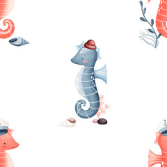Naklejka premium Seamless pattern with sea ​​horse, shell, seaweed. Watercolor print. Hand drawn illustrations on background design textiles fabrics packaging clothes wallpapers
