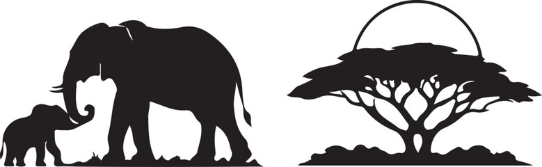 African Elephant Family and Acacia Tree Silhouette Safari Wildlife Vector Illustration © tjxvact