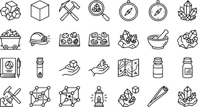 Mining and Geology Line Art Icons Set. Mineral Exploration, Crystal Discovery, Ore Extraction, and Prospecting Tools Black and White Outline Symbols.