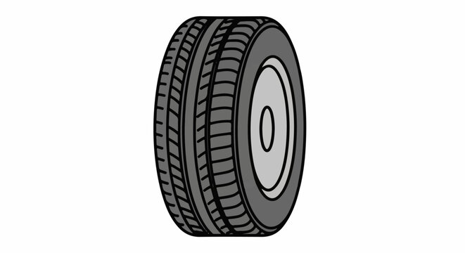 A gray, two-dimensional illustration of a vehicle tire with a detailed tread pattern and a silver rim