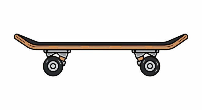 A stylized, flat illustration of a wooden skateboard with black grip tape and four black wheels