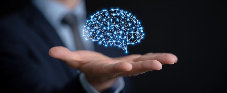 Machine learning-driven report creation. Automated content summarization. Generative AI for grammar checking and refinement. Professional holding a digital neural network symbol.