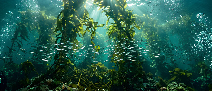 School of Fish in Kelp Forest with Sunbeams Underwater