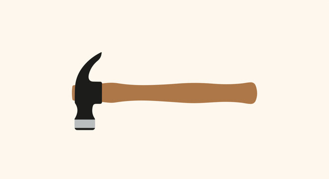 A flat illustration of a claw hammer with a black head and brown handle on a light cream background