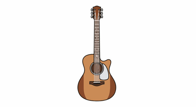 A simple, two-dimensional illustration of a six-string acoustic guitar with a cutaway body