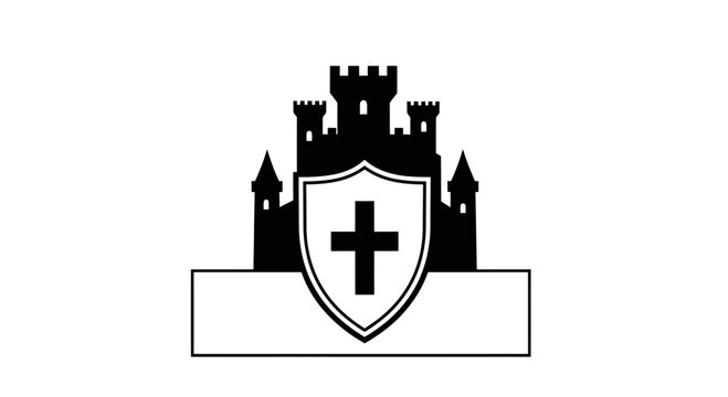 Black silhouette of a castle with a shield and a cross, symbolizing faith and protection.