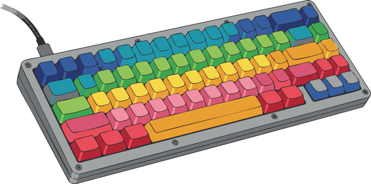 Colorful mechanical gaming keyboard with rainbow spectrum keycaps vector illustration