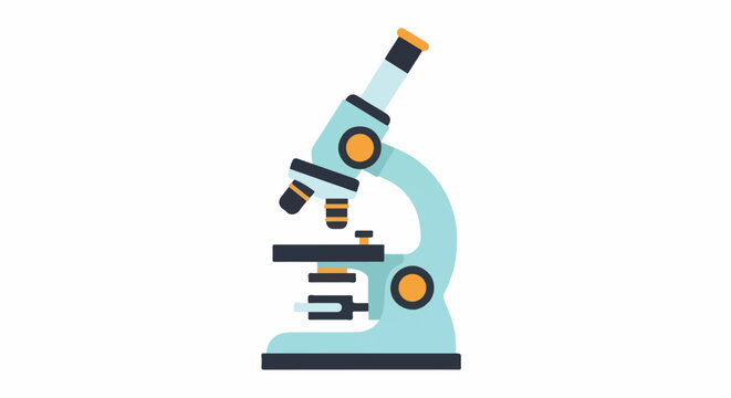 A stylized light blue microscope with orange and black accents on a white background