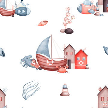 Seamless pattern crab, fish, boad, submarine, whale, shell, seaweed. Watercolor print. Hand drawn illustrations on background design textiles fabrics packaging clothes wallpapers