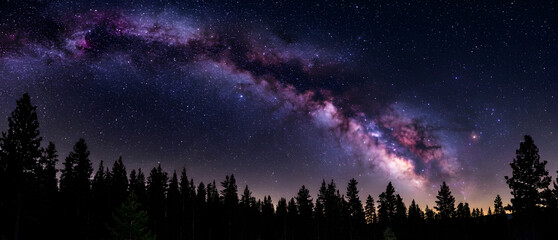 Fototapeta premium Panoramic view of Milky Way galaxy over dark pine forest