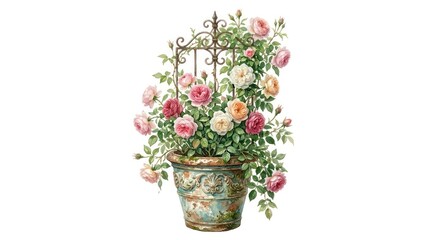 Fototapeta premium Watercolor style bouquet of roses in vintage garden pot