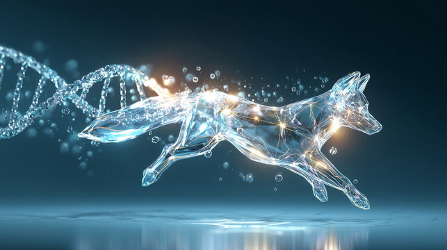 Advanced 3D illustration of a plexus mesh fox with glowing golden data connections