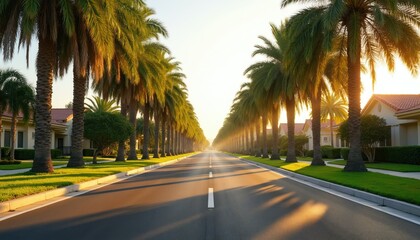 Obraz premium Empty suburban street lined with palm trees. Golden hour sunlight casts long shadows on the road. Peaceful neighborhood with manicured lawns and houses.