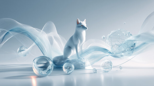 Advanced 3D illustration of a white fox sitting amidst geometric plexus data spheres and waves