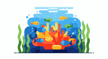 Colorful coral reef with fish and seaweed in a simplified underwater scene © Kaki