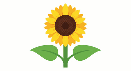 Obraz premium Simple, bright yellow sunflower with green leaves and stem against white