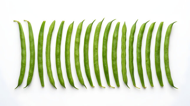 A vibrant and orderly procession of fresh green beans, meticulously arranged on a clean white background, symbolizing healthy eating and natural produce