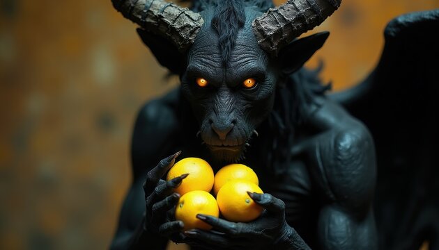Dark creature with glowing eyes, horns holds ripe oranges. Winged demon with black skin offers citrus fruit, unusual contrast in its mysterious pose. This mystical being seems to represent temptation.
