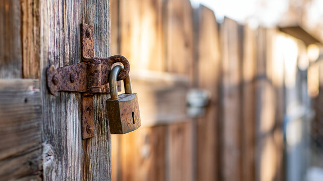 hasp. A weathered rusty hasp and padlock on a rustic barn door. real-estate listings, architecture portfolios, designed for interior renovation comparisons for interiors.
