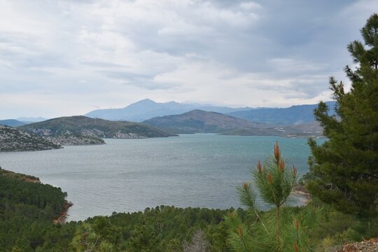 View of the mountain landscape around lake Komani, northern Albania