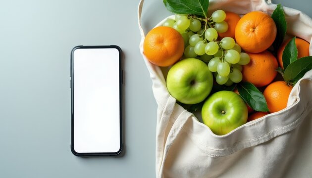 Canvas bag filled with fresh fruit. Mobile phone sits next to grocery items. Healthy food assortment ready for consumption or meal planning.