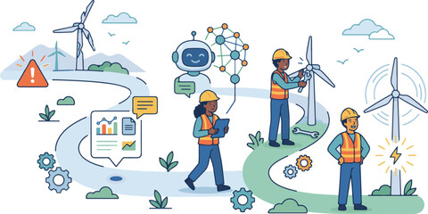 Fototapeta premium Wind energy technology and maintenance illustration