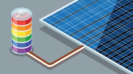 Naklejka premium Solar panel connected to a colorful battery for energy storage.