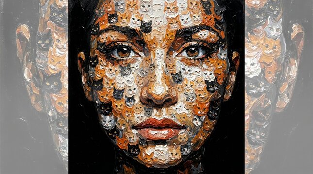 Abstract portrait of a human face composed of tiny cat faces  